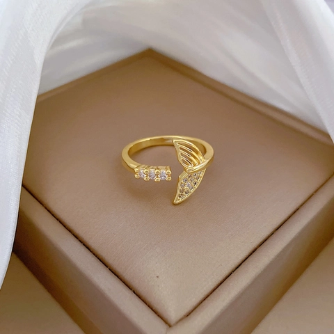 Anello Aperto Coda Di Pesce Sirena Ottone Placcato Oro Zirconia Cubica Regolabile Vuoto Gioiello Dito Elegante Donna