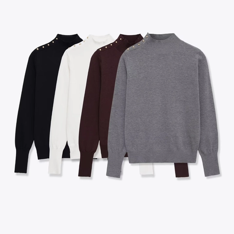 Pull En Tricot À Col Montant Pour Femmes Manches Longues Boutons Dorés À L'Épaule Élégant Coupe Ajustée