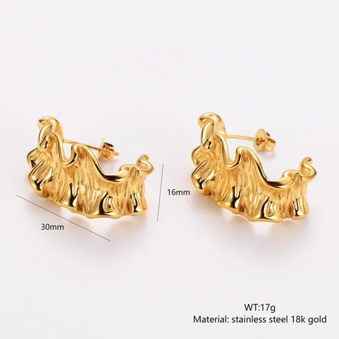 304 Stainless Steel Gold Plated Earrings For Women With Wrinkled Wave And Floral Patterns