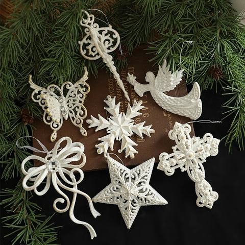 Ornamenti Appesi Per Albero Di Natale Bianco Scintillante Angelo Fiocco Di Neve Stella Farfalla Croce Fiocco Decorazione
