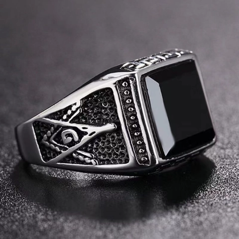 Anillo Vintage Hombre Aleación Plateada Piedra Cuadrada Estilo Obsidiana Símbolo Masónico Diseño Abierto Ajustable Punk