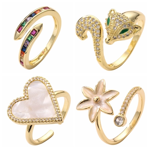 Fashion Adjustable Rings Copper Micro Inlaid Zircon Fox Heart Flower Gold Plated Jewelry For Women Trendy Accessories