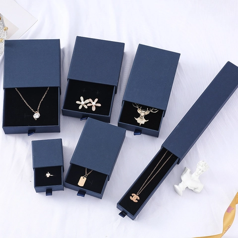 Jewelry Gift Boxes Dark Blue Paperboard Drawer Pull Out For Necklace Ring Earring Bracelet Packaging Matte Elegant