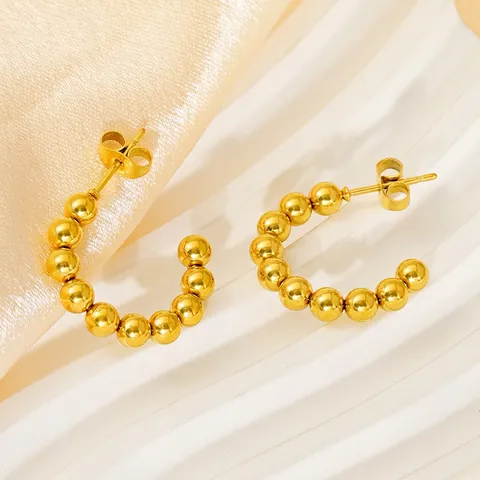 French Vintage C-Shaped Stud Earrings 18K Gold Plated Stainless Steel Beaded Geometric Trendy Jewelry For Women