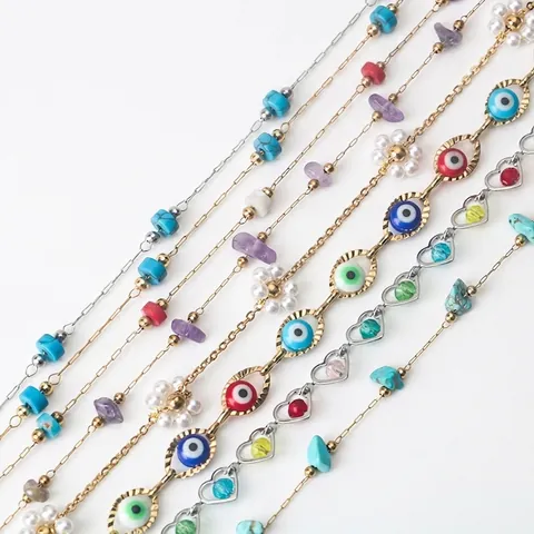 Catena Gioielli DIY Acciaio Inossidabile Malocchio Pietra Naturale Perla Artificial Cuore Fatto A Mano Collana Boho Accessorio