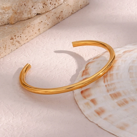 Minimalistisches Offenes Manschettenarmband Edelstahl 18K Vergoldet Glatt Poliert Armreif Damen Modeschmuck
