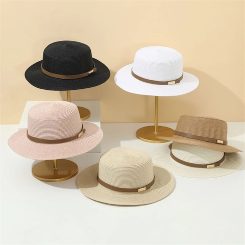 Boater Straw Hat Vintage Wide Brim Sun Protection Beach Vacation For Women Men With Leather Band Buckle
