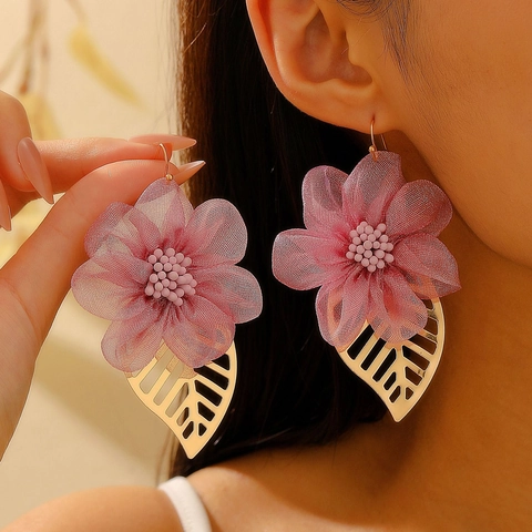 Orecchini Pendenti In Tessuto Chiffon Fiore Con Cuore Metallico Foglia Gioielli Romantici Dolci Per Donne Perno In Acciaio