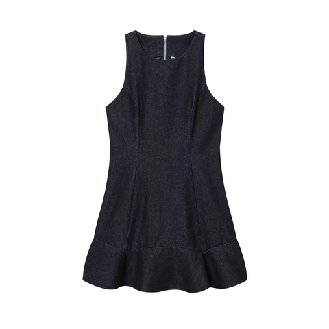 Vestido Corto De Mezclilla Sin Mangas Cuello Redondo Dobladillo De Sirena Con Volantes Cremallera Trasera Ropa Mujer