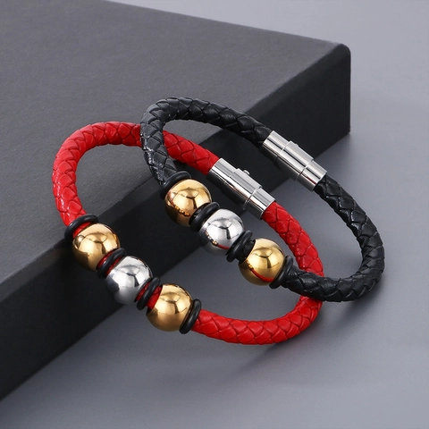 Men Woven Leather Bracelet And Necklace With Stainless Steel Beads Polished Magnetic Clasp Hip Hop Street Vintage Jewelry