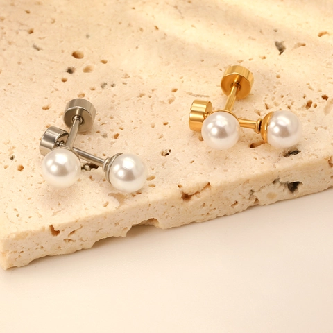 Artificial Pearl Stud Earrings Stainless Steel Flat Back Screw On Minimalist Hypoallergenic Piercing Jewelry For Women