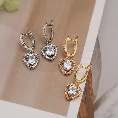 Luxury Copper Gold Plated Heart Drop Earrings Round Rhinestone Inlaid Fashion Commute Jewelry For Women Daily Accessories