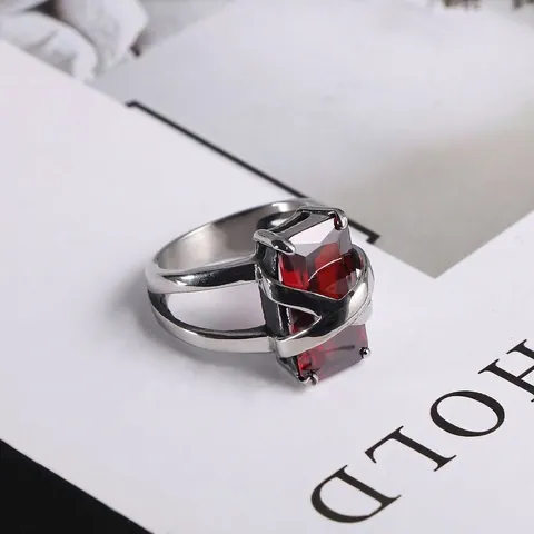 Vintage Stainless Steel Ring Featuring Large Rectangular Red Gemstone With Intertwined Hollow Band Fashion Jewelry