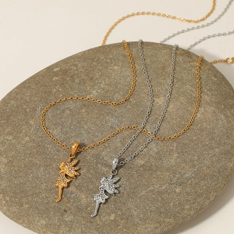 Angel Fairy Pendant Necklace Stainless Steel Rhinestone Encrusted Wings Waterproof Non-Tarnish Elegant Jewelry For Women