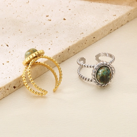 Anillo Ajustable De Acero Inoxidable Con Piedra Natural Verde Estilo Palacio Vintage Joyería Bohemia Para Mujer