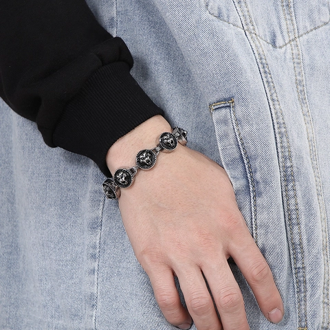 Men Stainless Steel Lion Head Bracelet Vintage Punk Hip Hop Gothic Antique Silver Relief Link Chain Jewelry