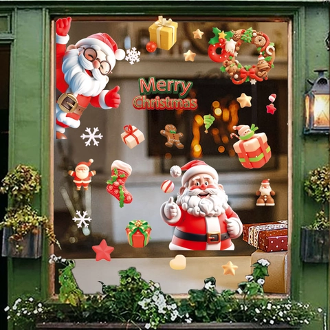Christmas Window Stickers PVC Static Cling Reusable Santa Claus Reindeer Snowflake Shop Home Glass Decor Wall Decals