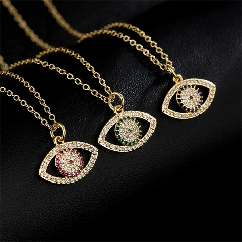 Evil Eye Anhänger Halskette Kupfer 18K Vergoldet Zirkonia Bunte Schlüsselbeinkette Schmuck Für Damen