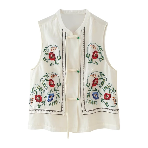Damen Weste Mit Ethno Bestickung Blumenmuster Traditionelle Knebelknöpfe Chinesischer Stil Retro Ärmellose Strickjacke