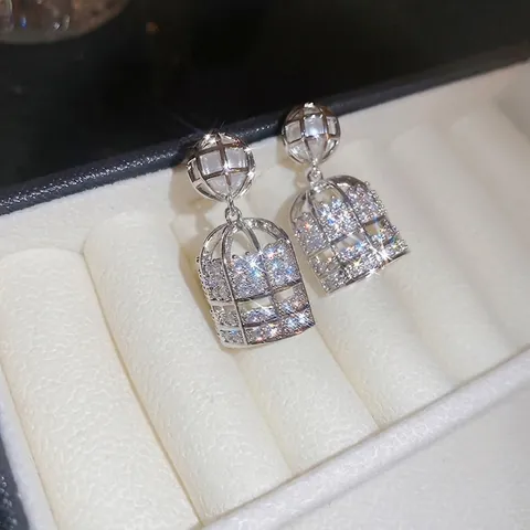 Orecchini A Lobo A Gabbia Per Uccelli Con Perla Artificial Zirconia E Perno In Argento Sterling 925 Eleganti Per Donna