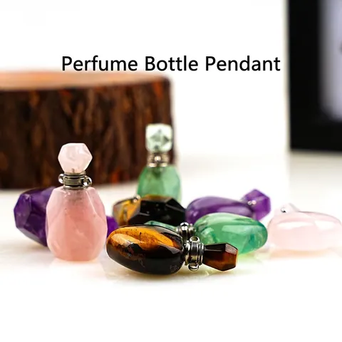 Natural Gemstone Crystal Perfume Bottle Pendant Miniature Essential Oil Diffuser Heart Shape Faceted Stone Jewelry