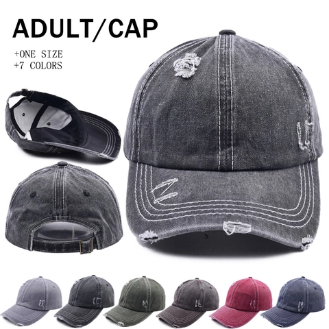 Vintage Washed Cotton Baseball Cap Distressed Ripped Hole Outdoor Sun Protection Curved Brim Adjustable Buckle Retro Unisex