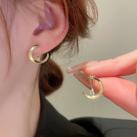Moon Zircon Stud Earrings Geometric Copper Jewelry With Silver Earring Post Elegant Commuter Style For Women