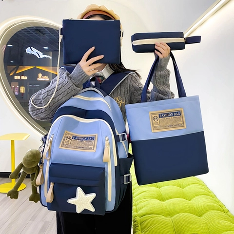 Rugzak Draagtas Schoudertas En Etui Nylon Kleurblok Grote Capaciteit School Voor Meisjes Mode