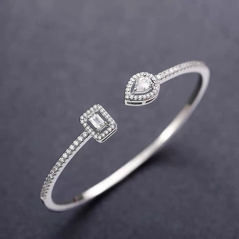 Geometric Open Cuff Bracelet With Copper Zircon Pear And Emerald Cut Stones Asymmetric Fashion Jewelry For Women