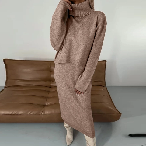 Ensemble Deux Pièces En Tricot Pour Femmes Pull À Col Roulé Et Jupe Longue Couleur Unie Tenues Élégantes