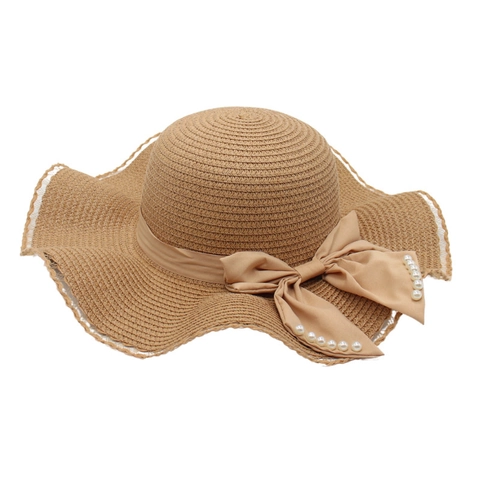 Chapeau De Paille Femme Large Bord Ondulé Noeud Künstliche Perle Protection Solaire Plage Été Vacances Élégant