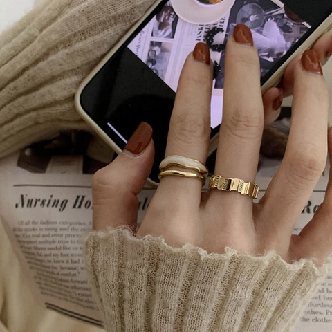 Minimalist White Mother-Of-Pearl Double Layer Ring For Women Gold Silver Plated Octagon Geometric Adjustable Open Ring Jewelry