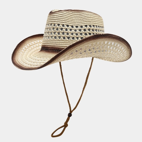 Cappello Da Cowboy In Paglia Di Carta Traforato Traspirante Tesa Larga Protezione Solare Viaggio Con Corda Antivento