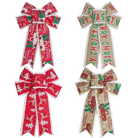 Fiocco di Natale per Decorazione Albero Effetto Lino Bordo Cablato Rosso Camion Renna Fiocco di Nastro Stampato Festa