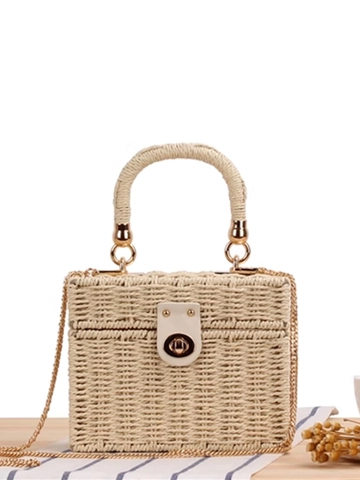 Women Woven Straw Crossbody Bag Box Shape Metal Twist Lock Chain Shoulder Strap Top Handle Summer Vacation Handbag