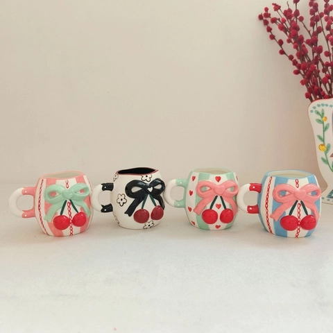 Tazza In Ceramica Ciliegia Fiocco Rilievo Porcellana Bianca Simpatica Tazza Da Caffè Latte Tè Righe Pois Con Manico