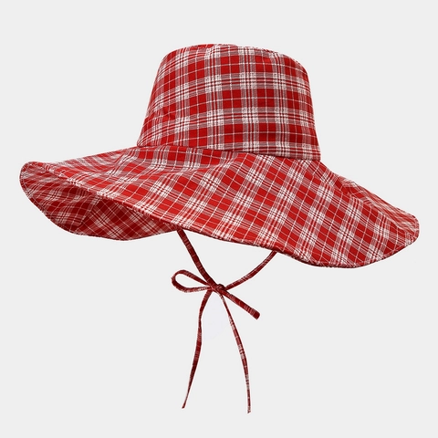 Plaid Wide Brim Bucket Hat Polyester Sun Protection Adjustable Chin Strap Outdoor Beach Summer Travel Sun Hat For Women