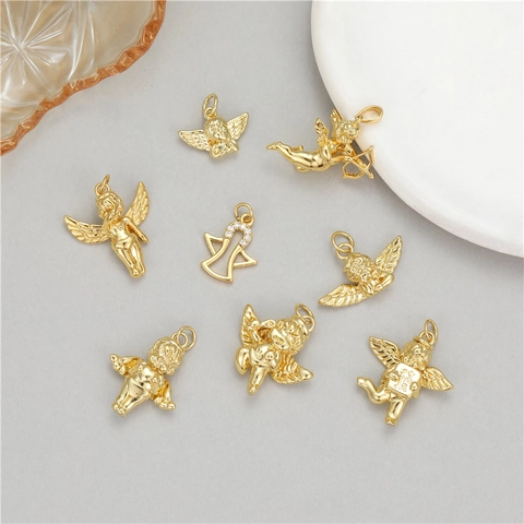 Ciondoli Angelo Cupido Rame Placcato Oro 14K Per Creazione Gioielli Fai Da Te Pendente Metallo Forma Cuore Ala Accessori