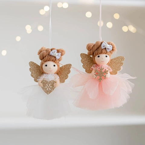 Bambola Angelo Di Natale Ornamenti Appesi Gonna Tutu In Garza Di Rete Pendente Capelli In Lana Ali Scintillanti Decorazione Albero