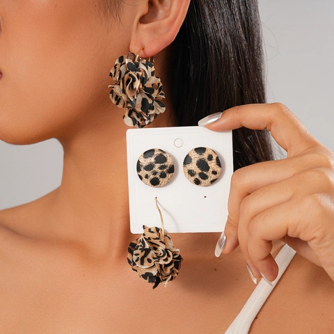 Leopard Print Floral Drop Earrings And Round Studs With 925 Sterling Silver Earring Post Vintage Maillard Style Fabric Leather Alloy For Women