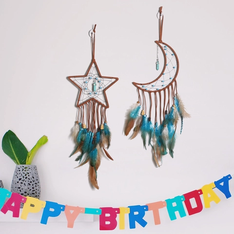 Moon Star Dreamcatcher Wall Hanging Decor With Turquoise Pendant Feather Handmade Bohemian Home Bedroom Decoration