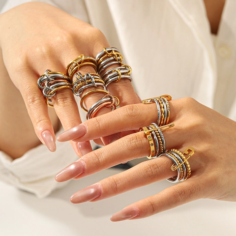 Bagues Empilables Acier Inoxydable Multicouche Color Block Géométrique Zircone Bijoux Pour Femmes Style Ins