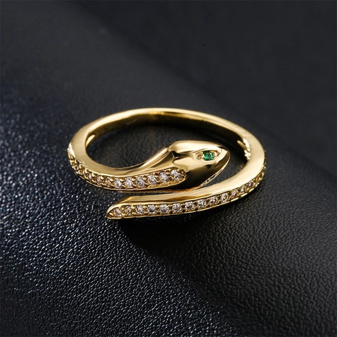Schlangenförmiger Offener Ring Kupfer 18K Vergoldet Grüne Zirkon Augen Weißer Zirkon Modisch Verstellbar Schmuck Für Damen