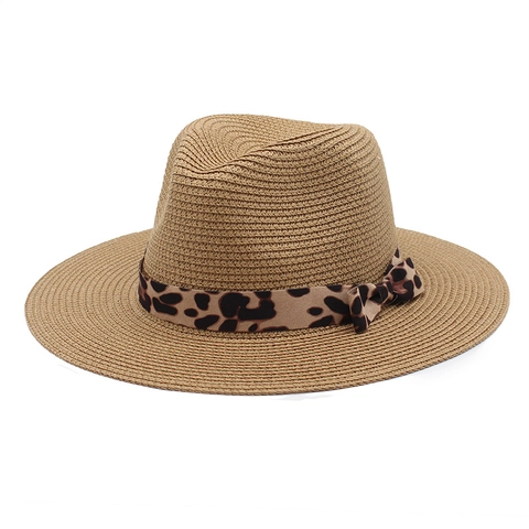 Chapeau Fedora En Paille Large Bord Respirant Protection Solaire Plage Été Style Panama Ruban Léopard Nœud Pour Femmes