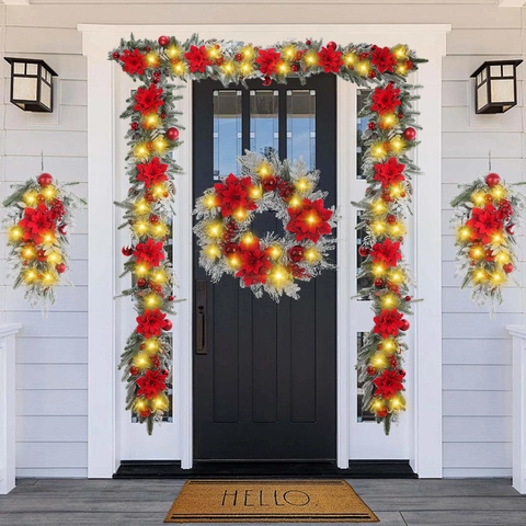 Ghirlanda Di Natale Teardrop Swag Flocked Artificiale Poinsettia Rossa Bacche Brinate Ornamenti Decorazione Porta