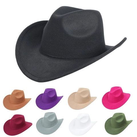 Western Cowboy Hat Solid Color Wide Brim Felt Fedora Jazz Cap Retro British Style For Men Women Outdoor Travel