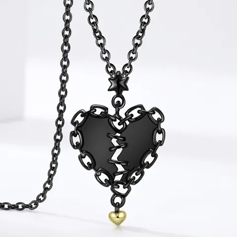 Collana Con Pendente A Cuore Infranto Cucito Argento Sterling 925 Placcato Oro Nero Gioielli Stile Gothic Punk Per Donna