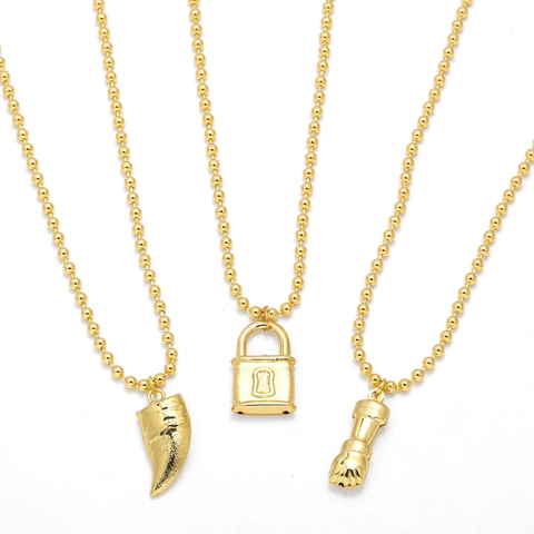 Collier À Chaîne À Billes En Cuivre Plaqué Or 18K Avec Pendentif Serrure Dent De Loup Poing Bijoux Hip Hop Unisexe