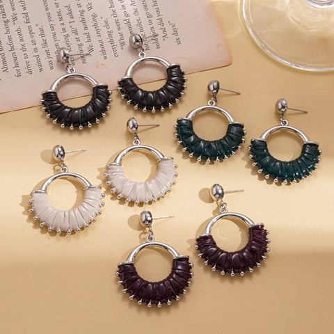 Vintage Geometrische Runde Creolen Mit Kunstlederwickel Und Metallperlen 925 Sterling Silver Earring Post Für Damen