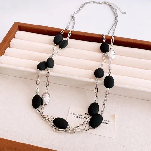 Retro Layered Lange Pulloverkette Halskette Mit Ovalen Acrylperlen Und Metallgliedern Für Damen Minimalistische Mode